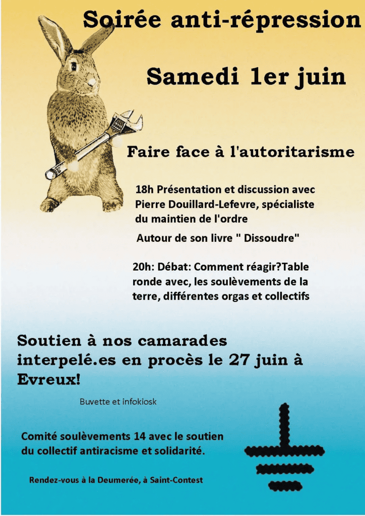 Affiche soirée anti-repression samedi 1 juin 2024
